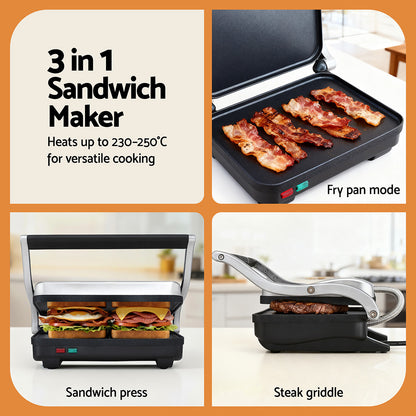 Devanti 3 in 1 Sandwich Maker Steak Press Grill 1000W-Appliances > Kitchen Appliances > Toasters &amp; Grills-PEROZ Accessories