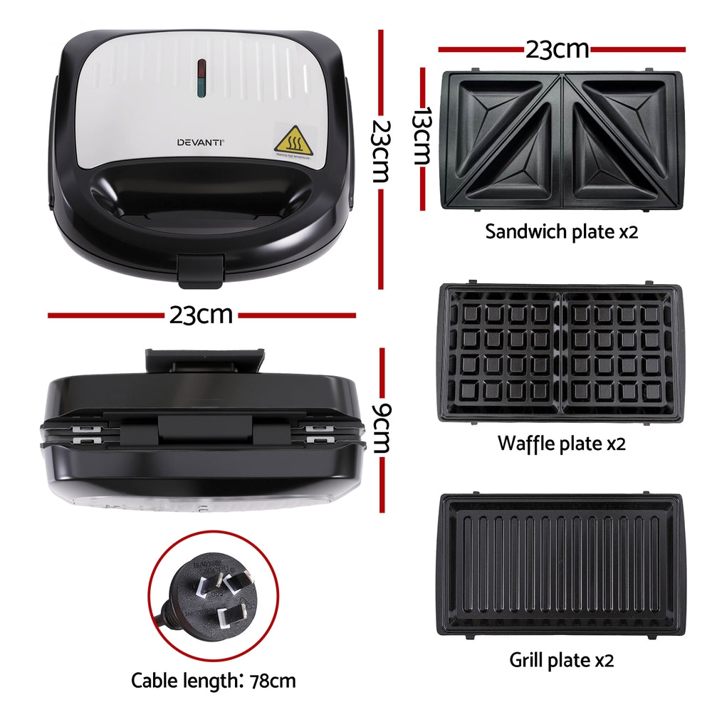 Devanti 3-in-1 Sandwich Press Waffle Maker Panini Press Grill 850W-Appliances &gt; Kitchen Appliances &gt; Toasters &amp; Grills-PEROZ Accessories