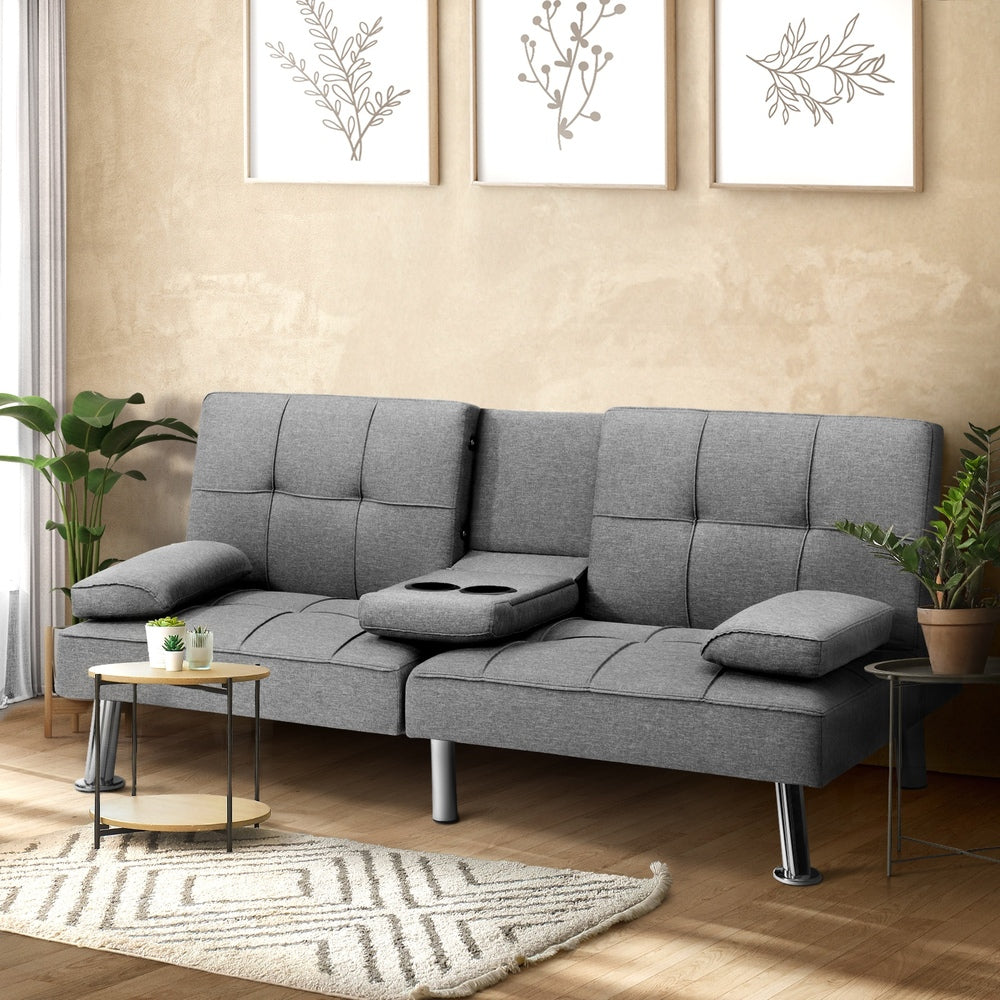 Oikiture 3 Seater Sofa Bed with Cup Holders Grey Fabric-Sofa Beds-PEROZ Accessories
