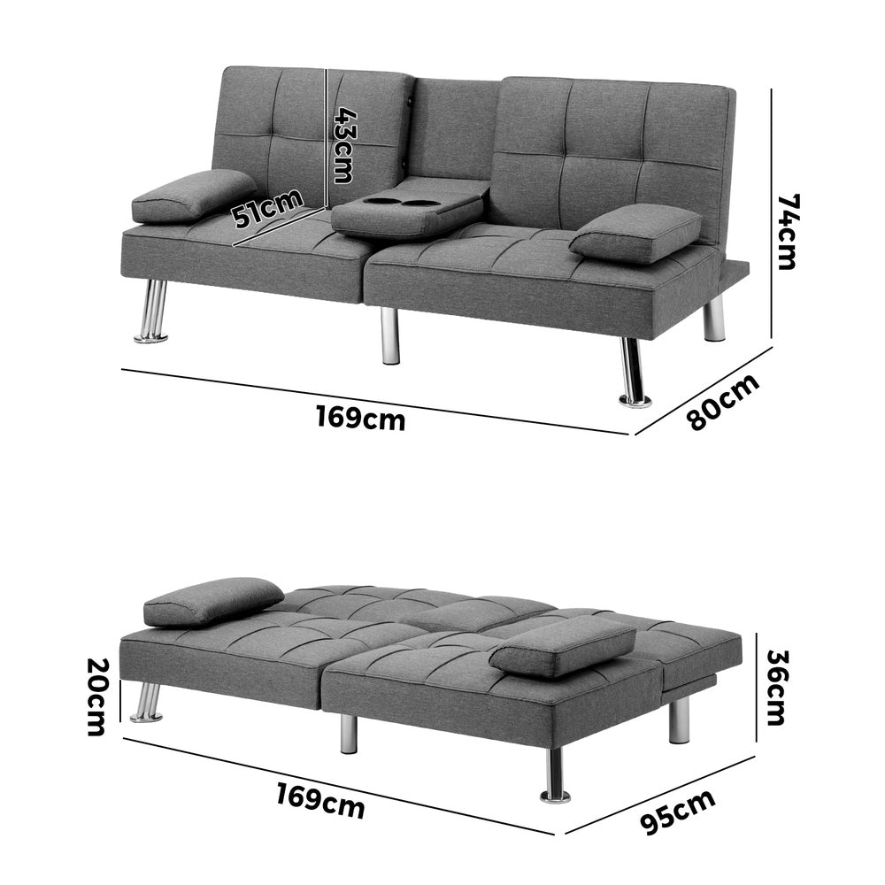 Oikiture 3 Seater Sofa Bed with Cup Holders Grey Fabric-Sofa Beds-PEROZ Accessories