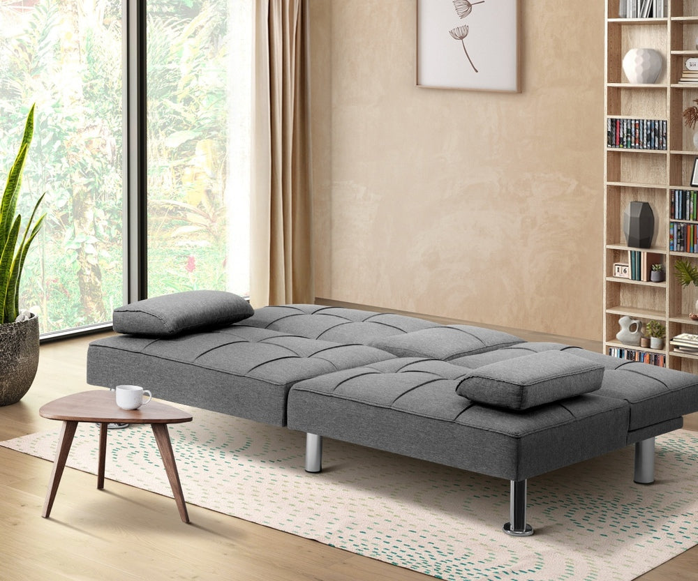 Oikiture 3 Seater Sofa Bed with Cup Holders Grey Fabric-Sofa Beds-PEROZ Accessories