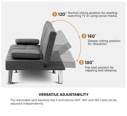 Oikiture 3 Seater Sofa Bed with Cup Holders Grey Fabric-Sofa Beds-PEROZ Accessories