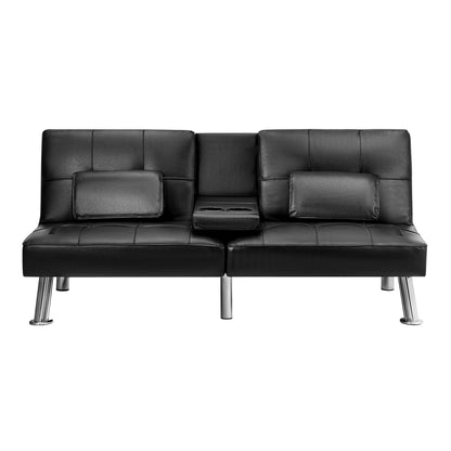 Oikiture 3-Seater Sofa Bed with Cup Holders Black Leather-Sofa Beds-PEROZ Accessories