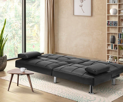 Oikiture 3-Seater Sofa Bed with Cup Holders Black Leather-Sofa Beds-PEROZ Accessories