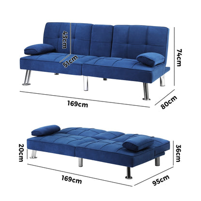 Oikiture Sofa Bed 3 Seater with Cup Holder Velvet Blue-Sofa Bed-PEROZ Accessories