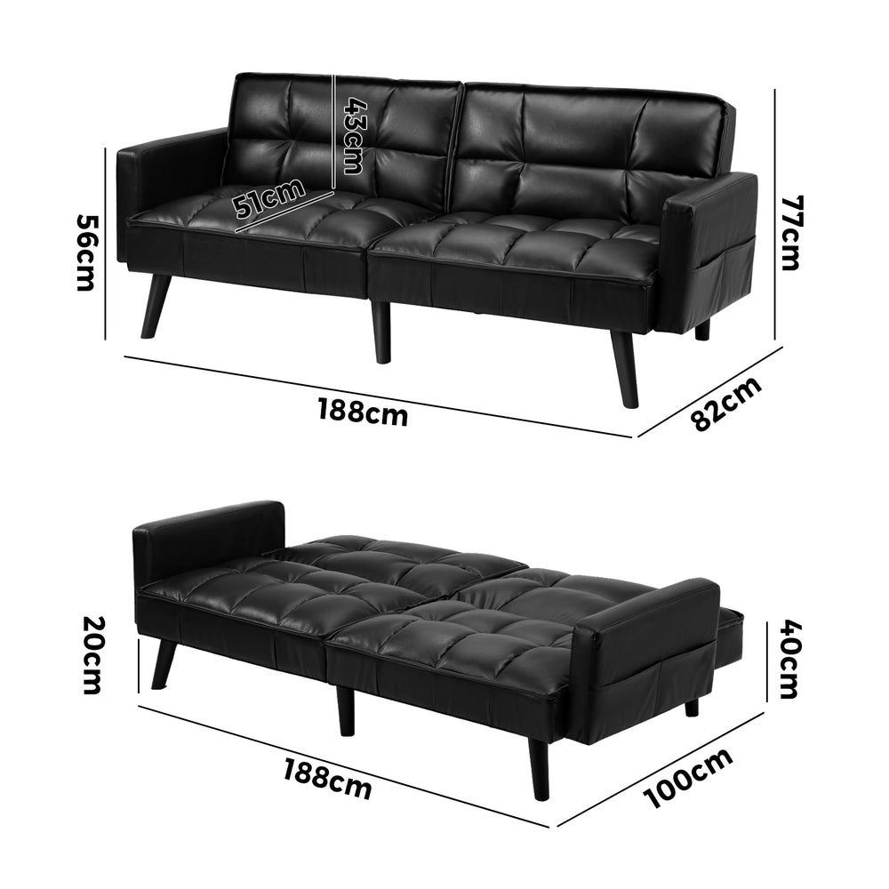 Oikiture Sofa Bed Futon Convertible Leather 3-Seater Black-Sofa Bed-PEROZ Accessories
