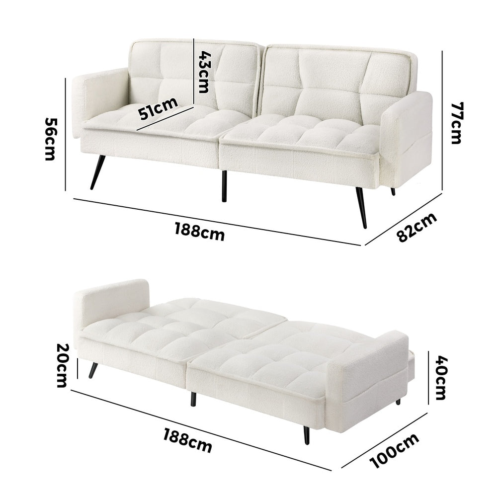 Oikiture 3-Seater Sofa Bed Convertible Boucle Sherpa Lounge Couch White-Sofa Beds-PEROZ Accessories