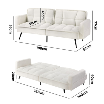 Oikiture 3-Seater Sofa Bed Convertible Boucle Sherpa Lounge Couch White-Sofa Beds-PEROZ Accessories