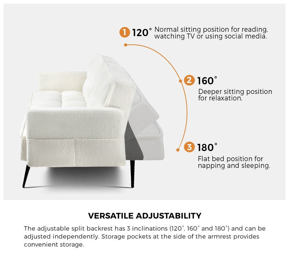 Oikiture 3-Seater Sofa Bed Convertible Boucle Sherpa Lounge Couch White-Sofa Beds-PEROZ Accessories