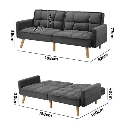 Oikiture Sofa Bed Convertible Velvet 3-Seater Grey-Sofa Bed-PEROZ Accessories