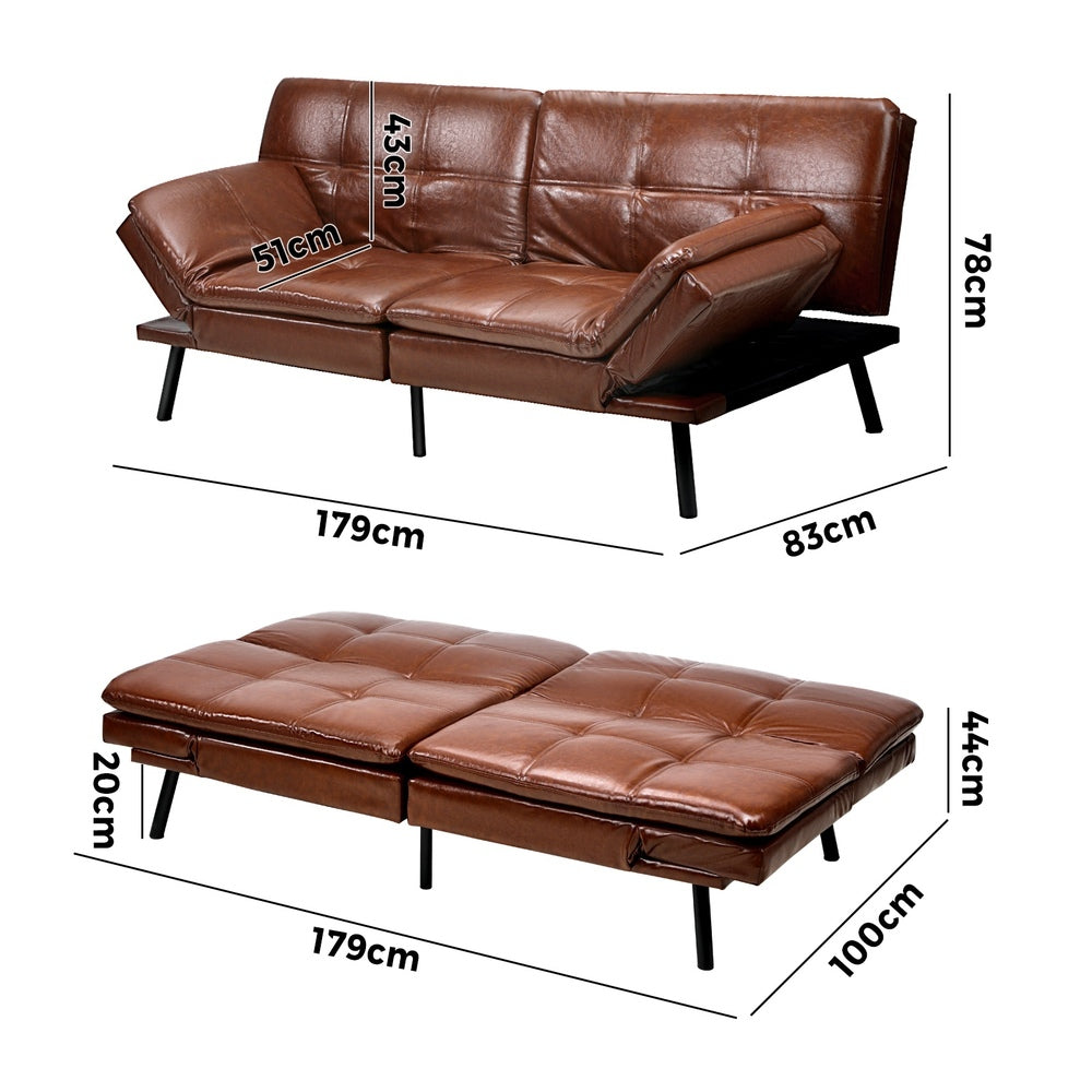Oikiture Sofa Bed Convertible Leather 3-Seater Brown-Sofa Bed-PEROZ Accessories