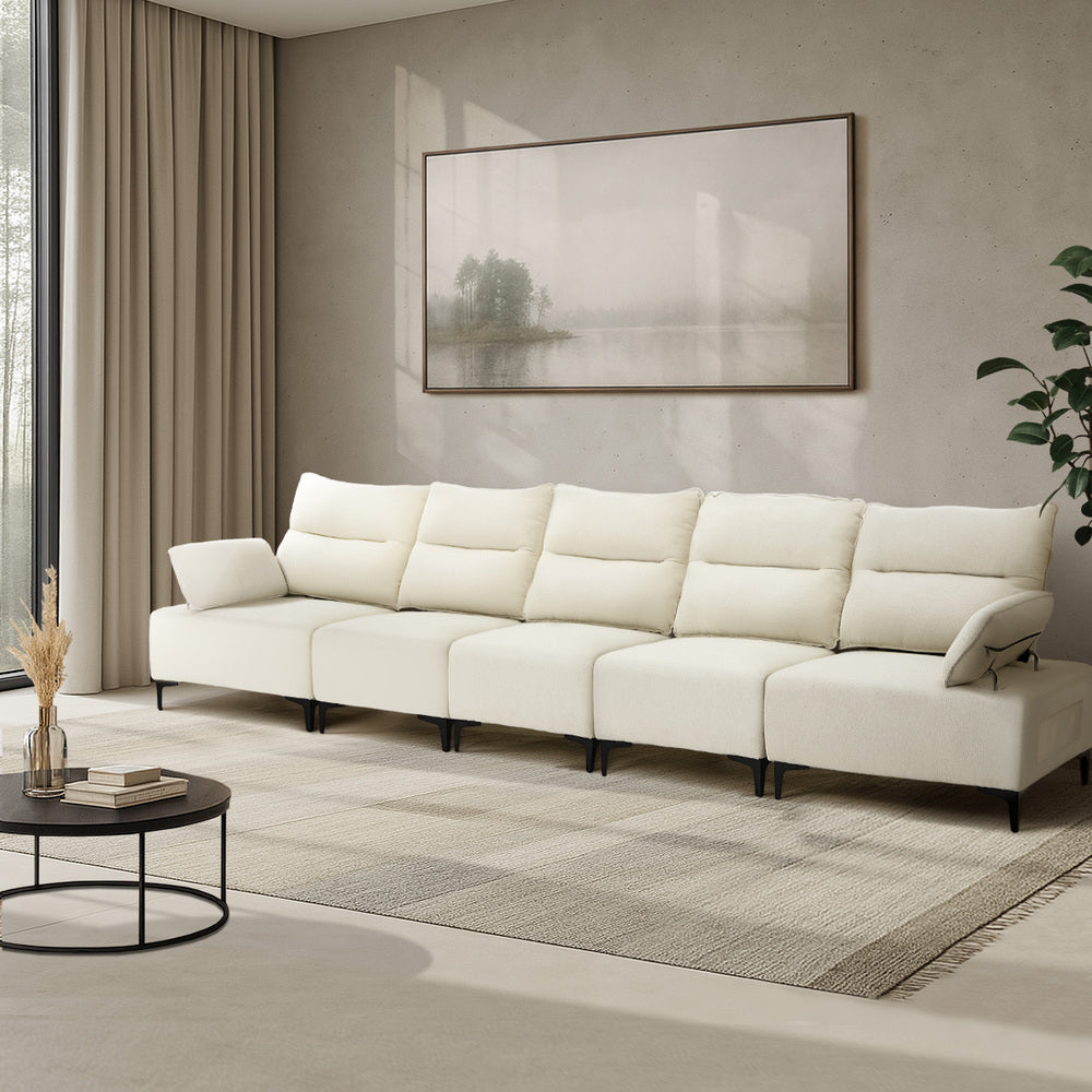 Oikiture 5 Seater Sofa Couch Chenille Adjustable Armrest Chair Beige-Sofa-PEROZ Accessories