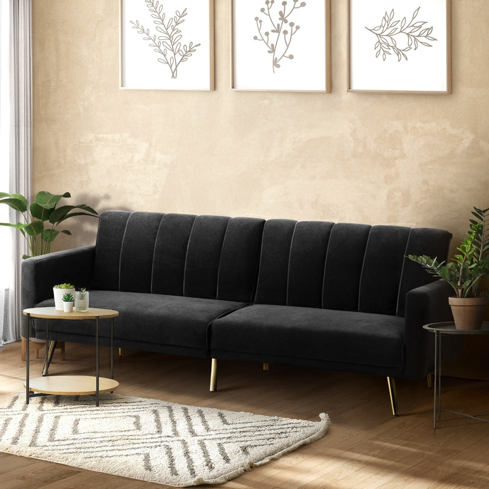 Oikiture 3-Seater Sofa Bed Velvet Black-Sofa Bed-PEROZ Accessories