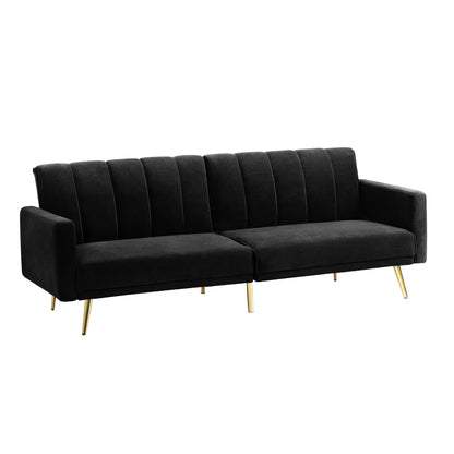 Oikiture 3-Seater Sofa Bed Velvet Black-Sofa Bed-PEROZ Accessories