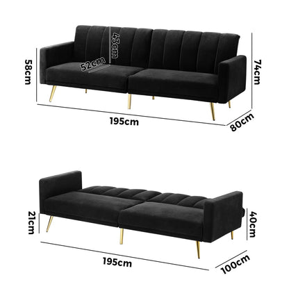 Oikiture 3-Seater Sofa Bed Velvet Black-Sofa Bed-PEROZ Accessories
