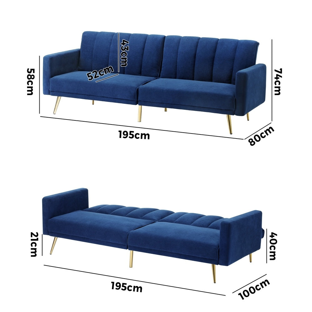 Oikiture 3 Seater Sofa Bed Velvet Blue-Sofa Bed-PEROZ Accessories