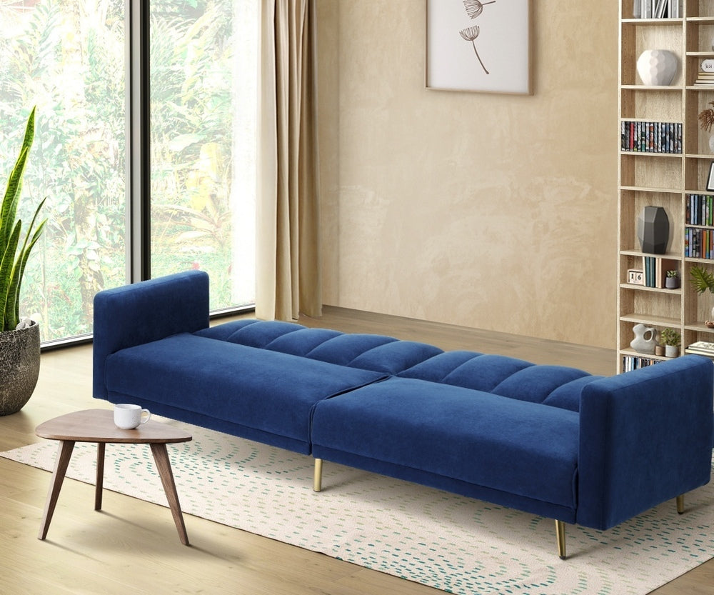 Oikiture 3 Seater Sofa Bed Velvet Blue-Sofa Bed-PEROZ Accessories