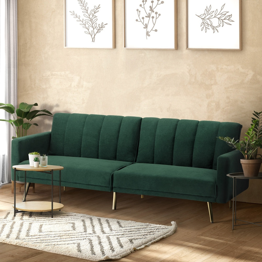 Oikiture 3 Seater Sofa Bed Convertible Velvet Green-Sofa Bed-PEROZ Accessories