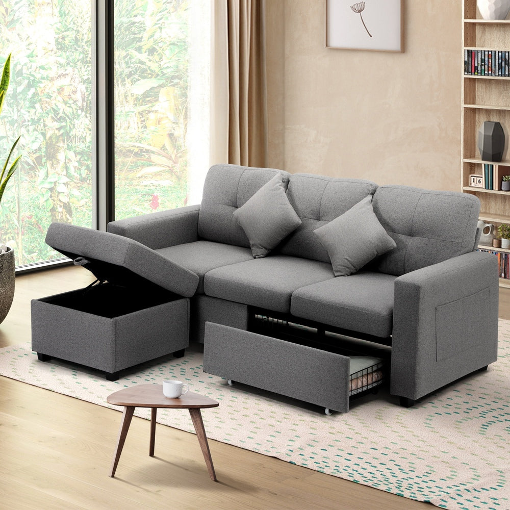 Oikiture Sofa 3 Seater Chaise Modular Couch Drawers Ottoman Fabric-Sofa-PEROZ Accessories