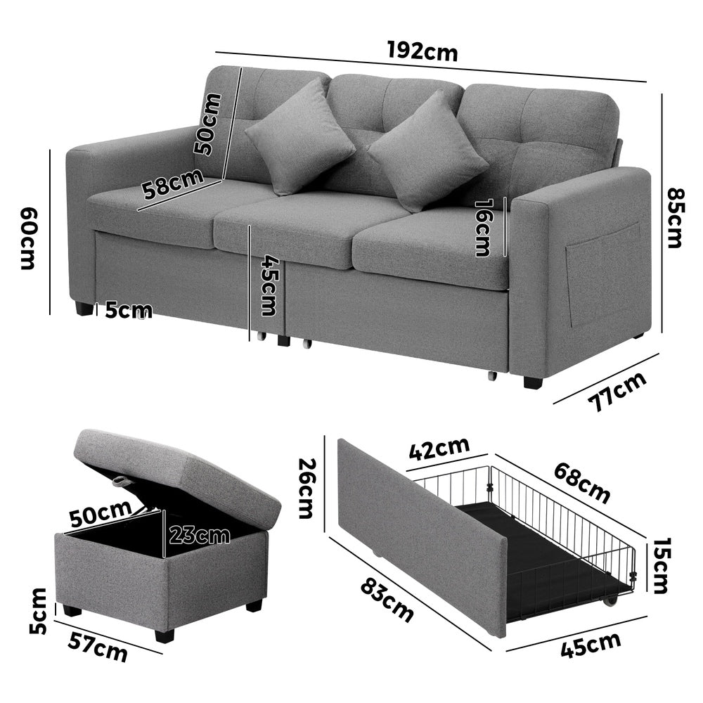 Oikiture Sofa 3 Seater Chaise Modular Couch Drawers Ottoman Fabric-Sofa-PEROZ Accessories