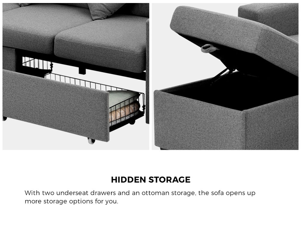 Oikiture Sofa 3 Seater Chaise Modular Couch Drawers Ottoman Fabric-Sofa-PEROZ Accessories
