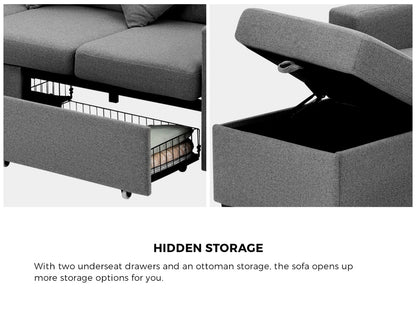 Oikiture Sofa 3 Seater Chaise Modular Couch Drawers Ottoman Fabric-Sofa-PEROZ Accessories