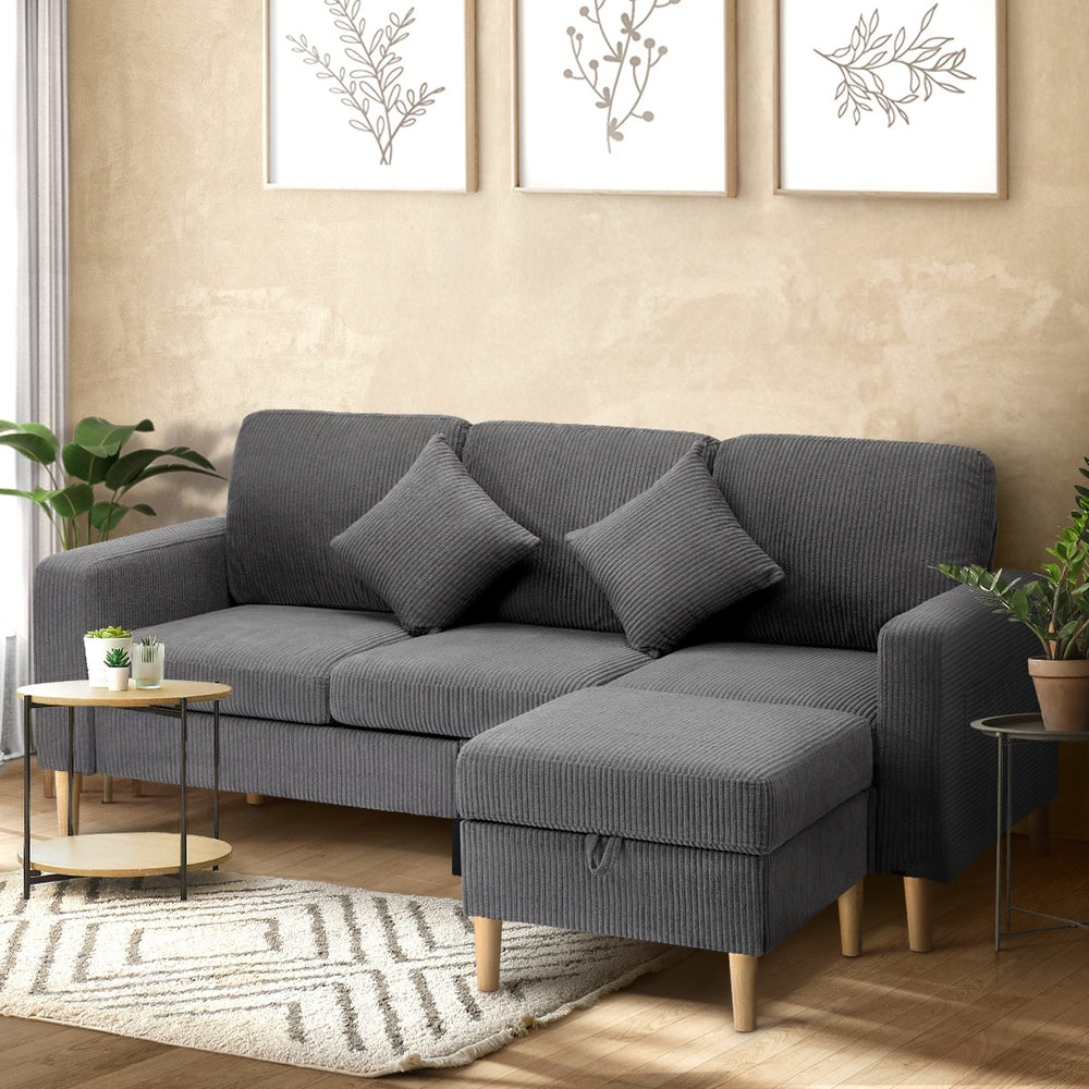 Oikiture 3 Seater Sofa with Ottoman Velvet Grey-Sofa-PEROZ Accessories