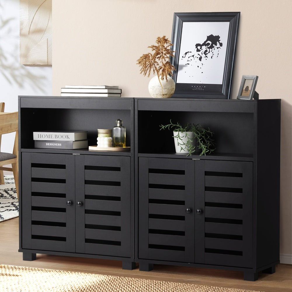 Oikiture Shoes Storage Cabinet 2 Doors Black Set of 2-Shoe Storage Cabinet-PEROZ Accessories