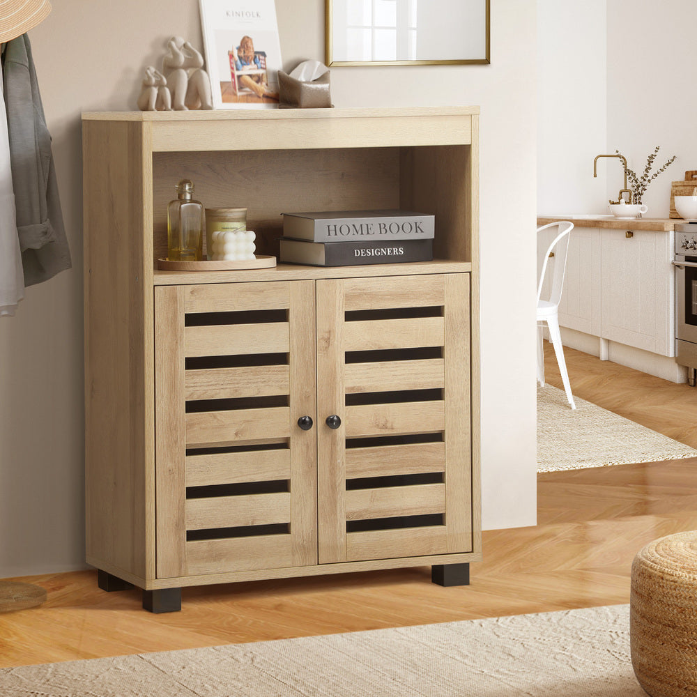 Oikiture Shoes Storage Cabinet Organiser Shelf 2 Doors Brown-Shoe Storage Cabinet-PEROZ Accessories