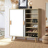 Oikiture Shoe Cabiner with 6 Adjustable Shelving and Sliding Doors, Shoe Rack Storage Sideboard White and Wood-Shoe Storage Cabinets-PEROZ Accessories