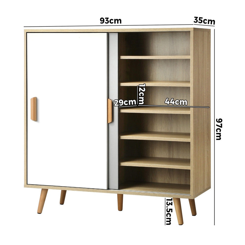 Oikiture Shoe Cabiner with 6 Adjustable Shelving and Sliding Doors, Shoe Rack Storage Sideboard White and Wood-Shoe Storage Cabinets-PEROZ Accessories