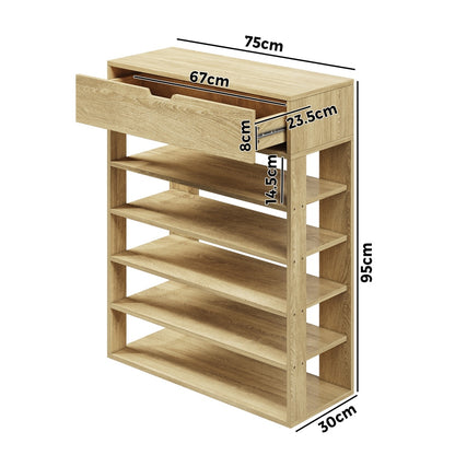 Oikiture Shoes Storage Rack 5-tier Shelves with Drawer Natural-Shoe Storage Cabinet-PEROZ Accessories