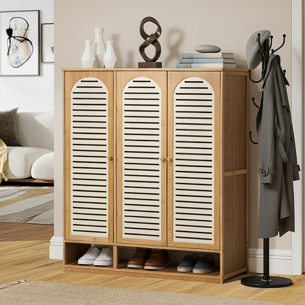 Oikiture Shoe Storage Cabinet 3 Doors Bamboo Shoe Shelf Beige-Shoe Storage Cabinet-PEROZ Accessories