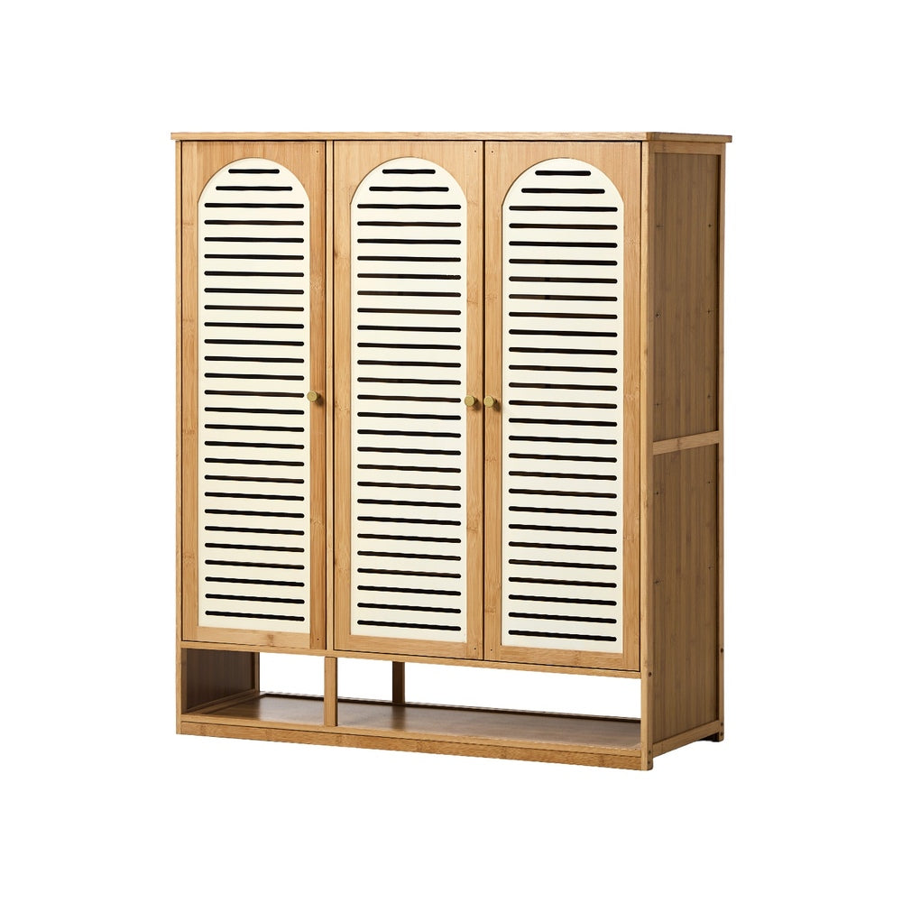 Oikiture Shoe Storage Cabinet 3 Doors Bamboo Shoe Shelf Beige-Shoe Storage Cabinet-PEROZ Accessories