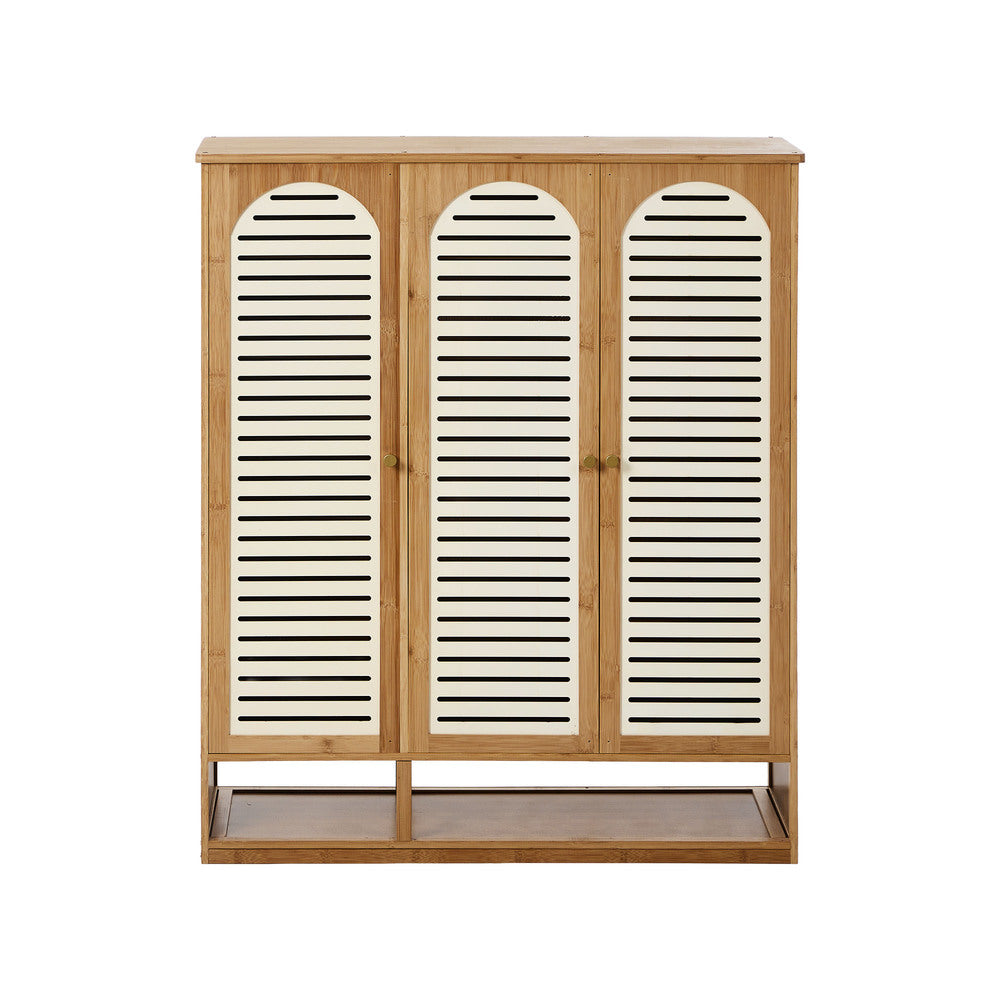 Oikiture Shoe Storage Cabinet 3 Doors Bamboo Shoe Shelf Beige-Shoe Storage Cabinet-PEROZ Accessories