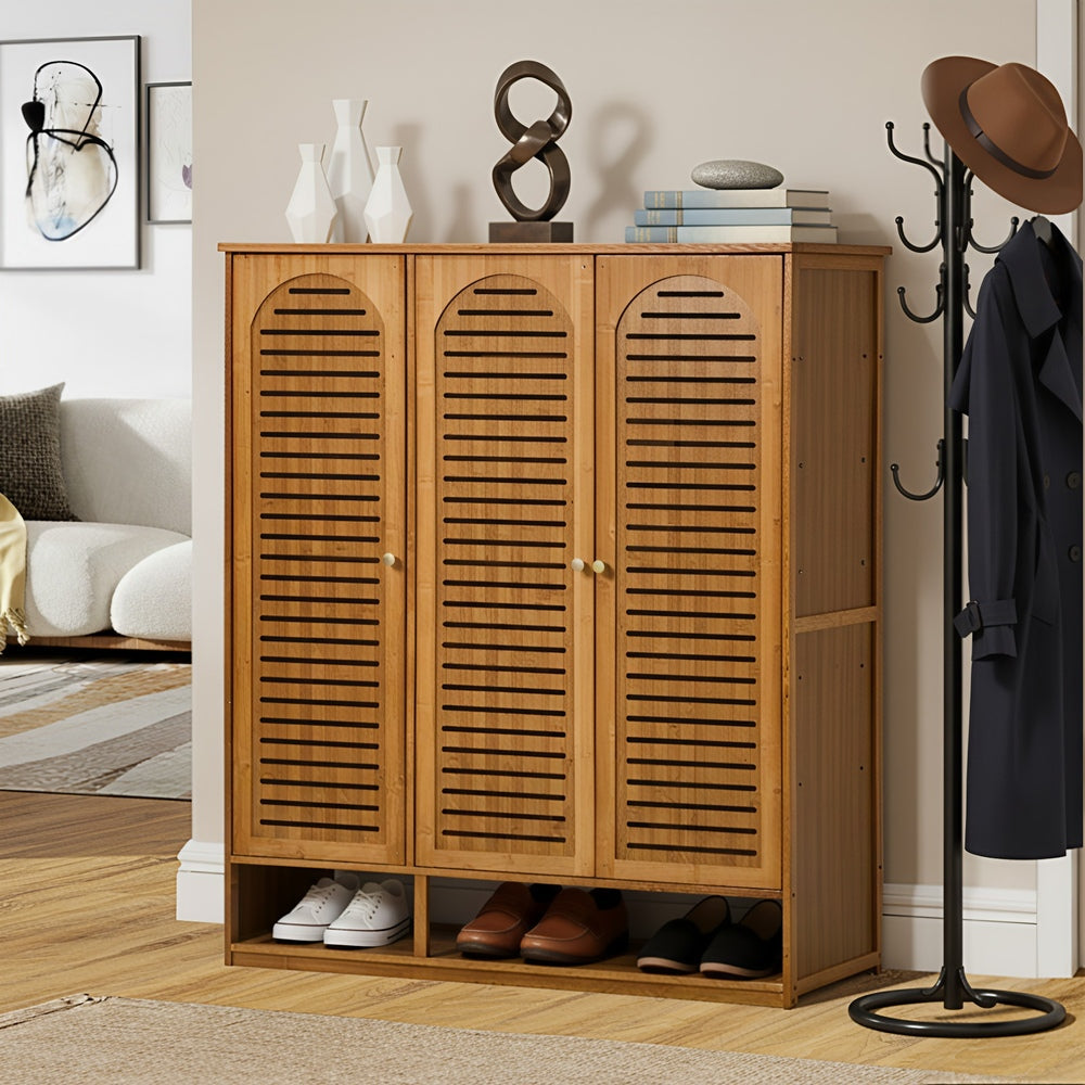 Oikiture Shoe Storage Cabinet 3 Doors Bamboo Shoe Shelf Brown-Shoe Storage Cabinet-PEROZ Accessories