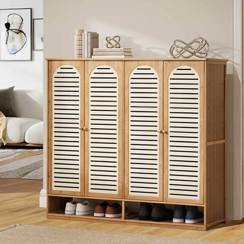 Oikiture Shoe Storage Cabinet 4 Doors Bamboo Shoe Shelf Beige-Shoe Storage Cabinet-PEROZ Accessories