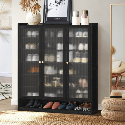 Oikiture Shoe Cabinet 3 Doors Shelf Black-Shoe Storage Cabinetss-PEROZ Accessories