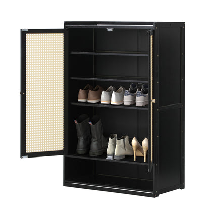 Oikiture Shoe Storage Cabinet 2 Doors Rattan Black-Shoe Storage Cabinetss-PEROZ Accessories