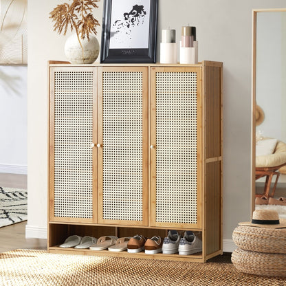 Oikiture Shoe Cabinet with 3 Rattan Doors 6 Shelves-Shoe Storage Cabinetss-PEROZ Accessories