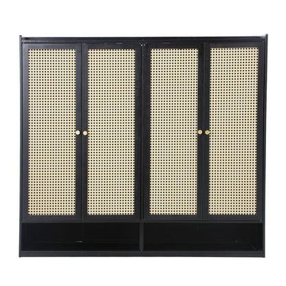Oikiture Shoe Storage Cabinet 4 Doors Rattan Black-Shoe Storage Cabinetss-PEROZ Accessories