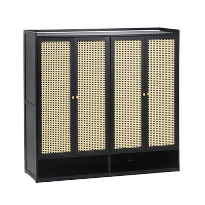 Oikiture Shoe Storage Cabinet 4 Doors Rattan Black-Shoe Storage Cabinetss-PEROZ Accessories