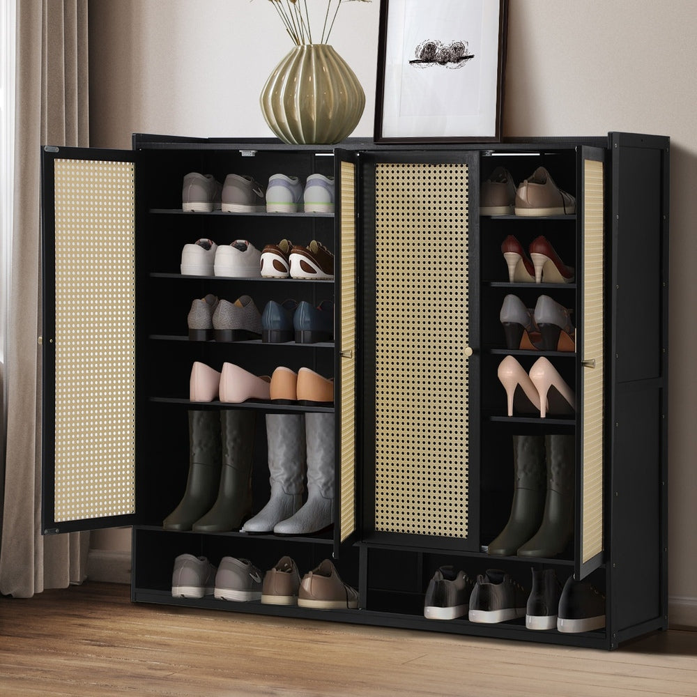 Oikiture Shoe Storage Cabinet 4 Doors Rattan Black-Shoe Storage Cabinetss-PEROZ Accessories