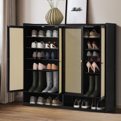 Oikiture Shoe Storage Cabinet 4 Doors Rattan Black-Shoe Storage Cabinetss-PEROZ Accessories