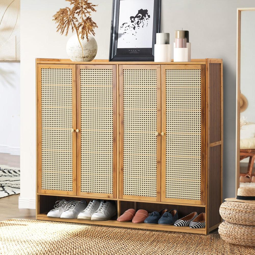 Oikiture Shoe Storage Cabinet 4 Doors Rattan Brown-Shoe Storage Cabinetss-PEROZ Accessories