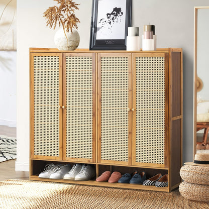 Oikiture Shoe Storage Cabinet 4 Doors Rattan Brown-Shoe Storage Cabinetss-PEROZ Accessories
