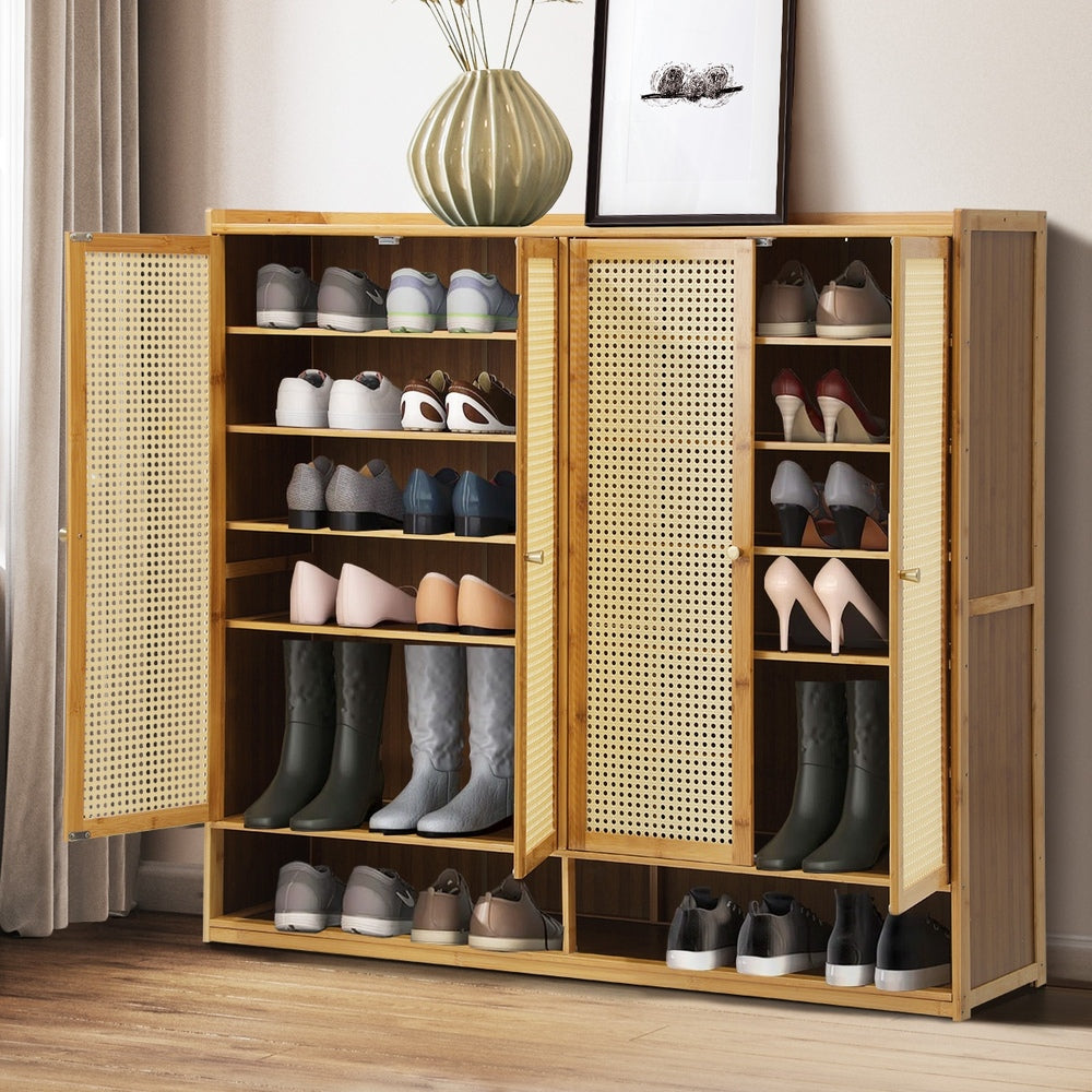 Oikiture Shoe Storage Cabinet 4 Doors Rattan Brown-Shoe Storage Cabinetss-PEROZ Accessories
