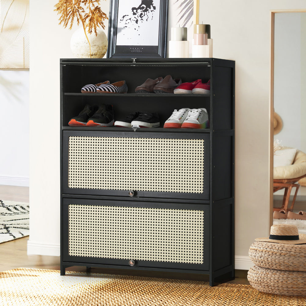 Oikiture Shoe Storage Cabinet 3 Flip-up Rattan Doors-Shoe Storage Cabinetss-PEROZ Accessories