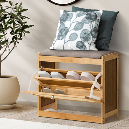 Oikiture Shoe Storage Bench Bamboo Organiser Shelf with Seat 50cm-Shoe Bench-PEROZ Accessories
