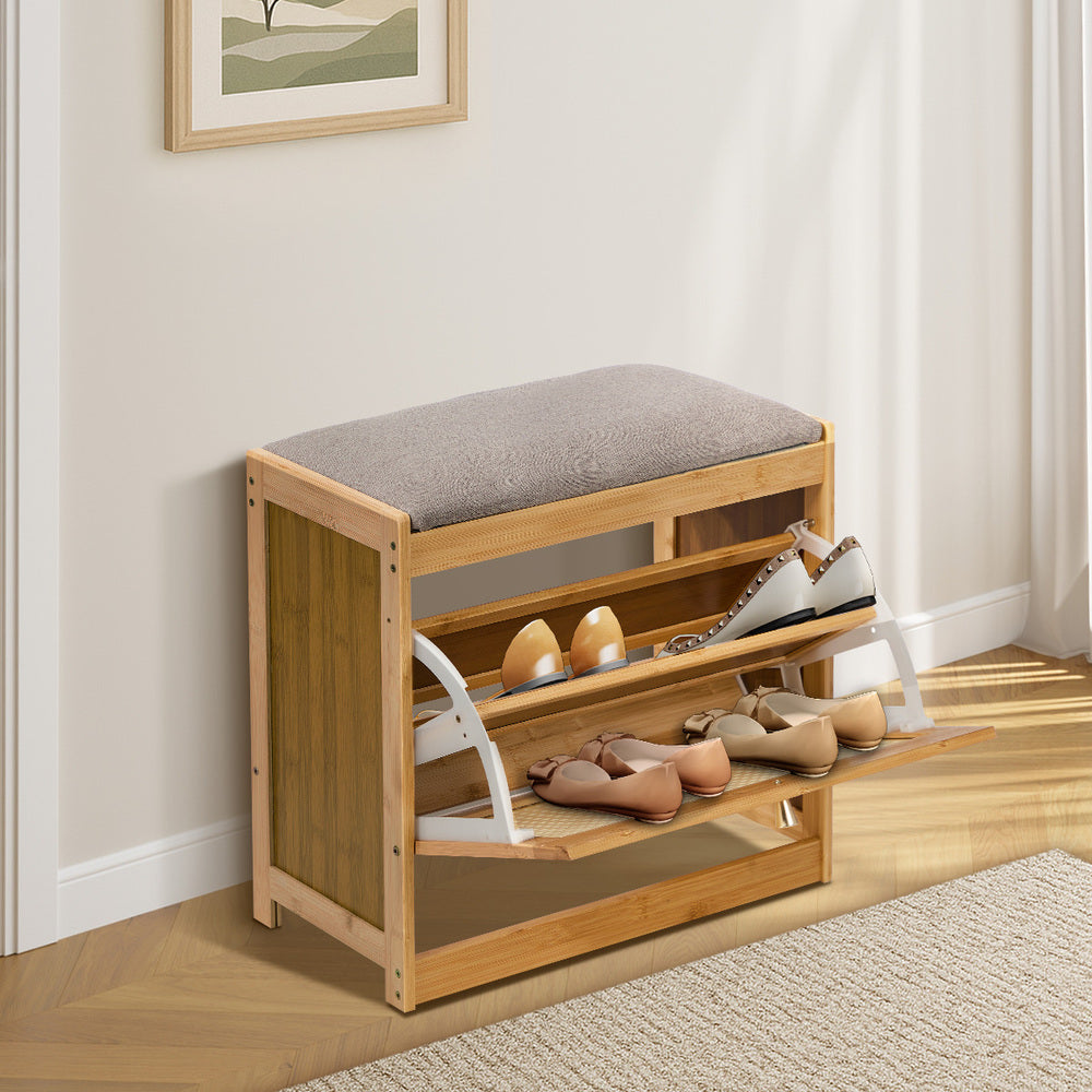 Oikiture Shoe Storage Bench Bamboo Organiser Shelf with Seat 50cm-Shoe Bench-PEROZ Accessories